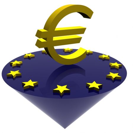 znak EURO na stożku z gwiazdkami UE